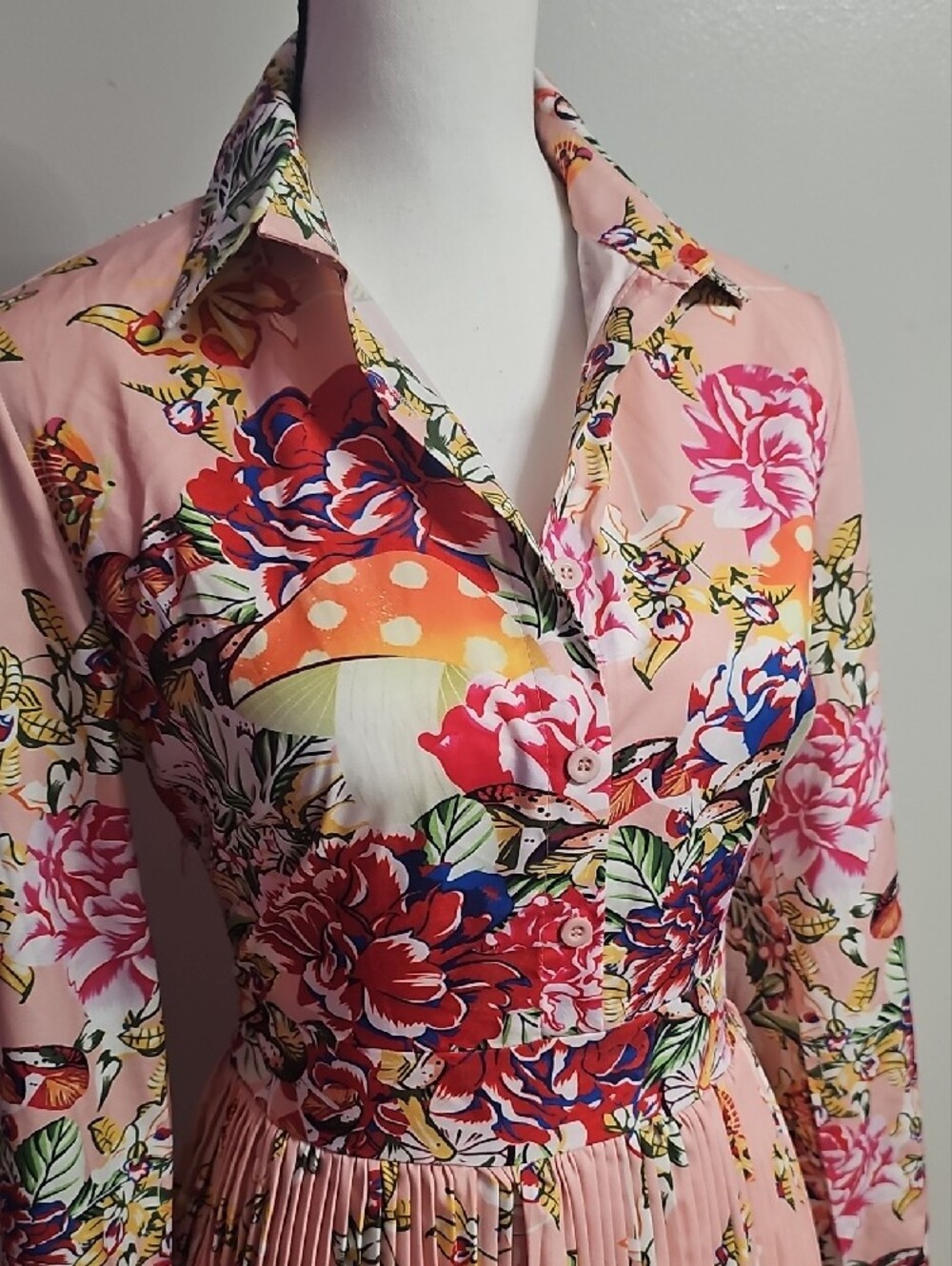 Floral Pink Pleated Shirt Dress - Picture 2 of 8